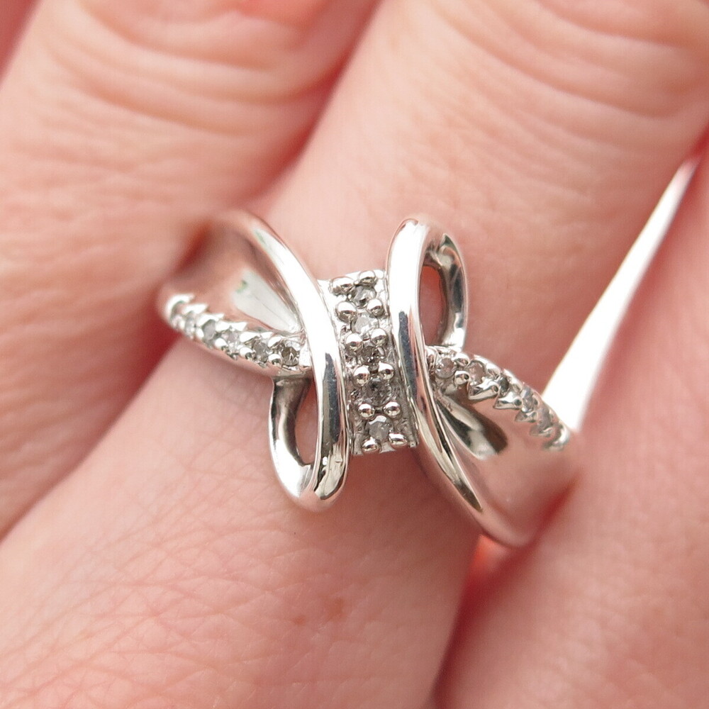 SUN 925 Sterling Silver Real Round-Cut Diamond Bypass Ring Size 6.75